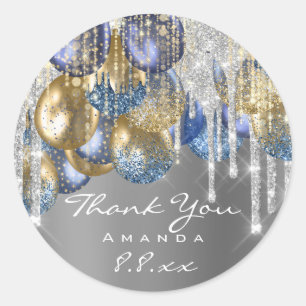 Thank Wedding Birthday Ballons Blue Silver Drips Classic Round Sticker