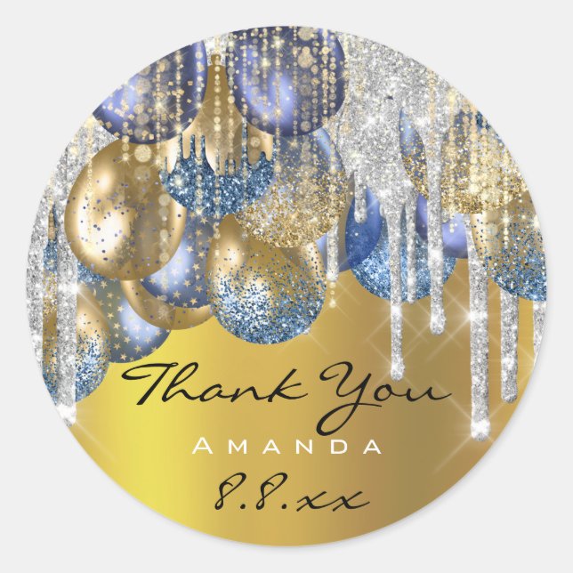 Thank Wedding Birthday Ballons Blue Silver Gold Classic Round Sticker (Front)