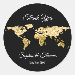 Thank Wedding Golden World Destination Map Black Classic Round Sticker