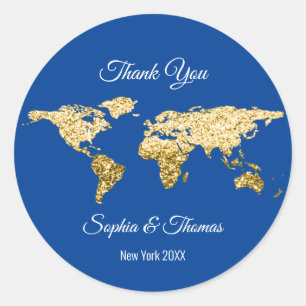 Thank Wedding Golden World Destination Map Blue Classic Round Sticker