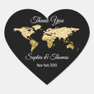 Thank Wedding Golden World Destination Map Heart Heart Sticker