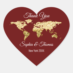 Thank Wedding Golden World Destination Map Maroon Heart Sticker