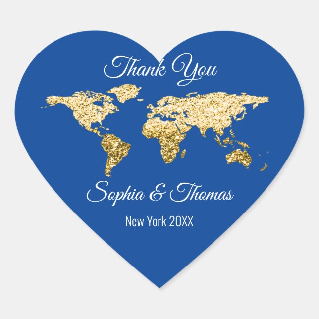 Thank Wedding Golden World Destination Map Royal Heart Sticker (Front)