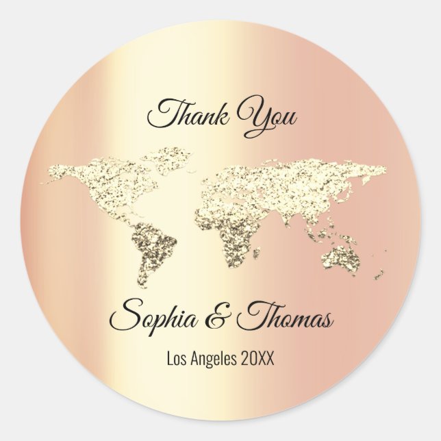 Thank Wedding World Map Destination Golden Globe Classic Round Sticker (Front)