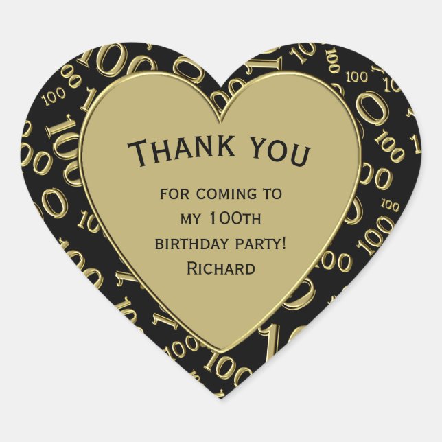 Thank You - 100th Black/Gold Random Number Pattern Heart Sticker (Front)