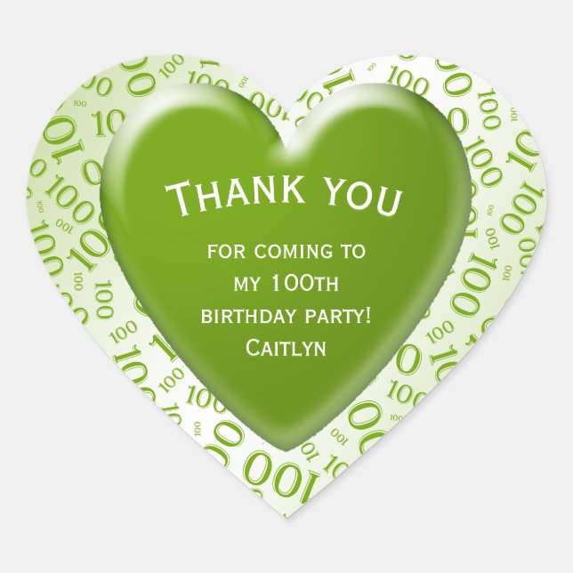 Thank You - 100th Green/White Number Pattern Heart Sticker (Front)