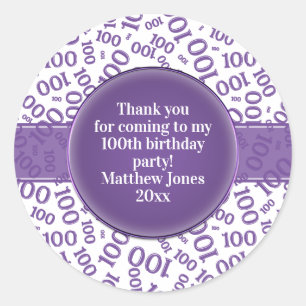 Thank You:  100th Number Pattern Purple/White Classic Round Sticker
