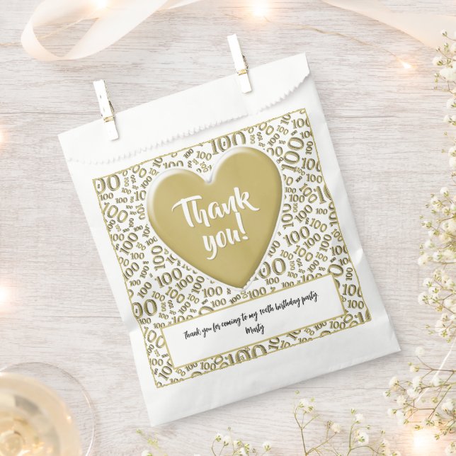 Thank You 100th Random Number Pattern Gold/White Favour Bags (Clipped)