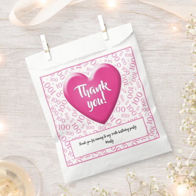 Thank You 100th Random Number Pattern Pink/White Favour Bags (Clipped)