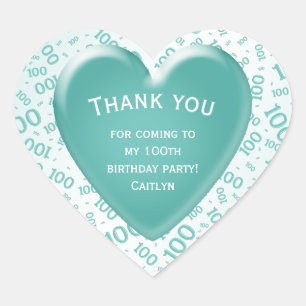 Thank You - 100th Teal/White Number Pattern Heart Sticker