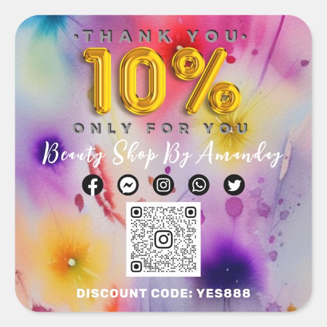 Thank You  10% Off QRCODE Logo Discount Flowers Square Sticker (Front)