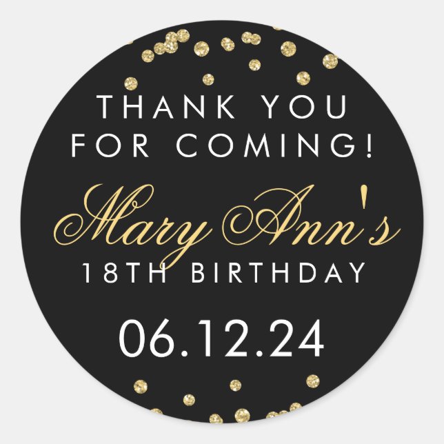 Thank You 18th Birthday Gold Glitter Confetti Blac Classic Round Sticker (Front)