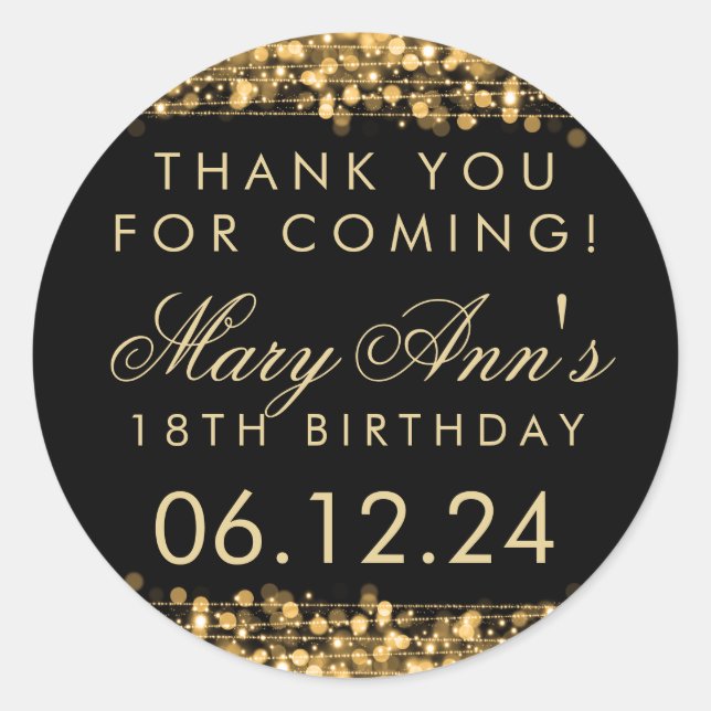 Thank You 18th Birthday Party Sparkles Gold Classic Round Sticker (Front)