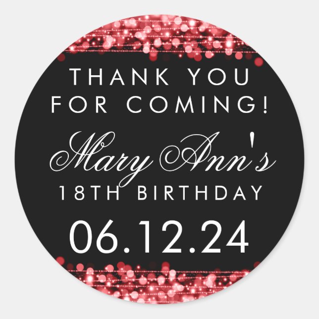 Thank You 18th Birthday Party Sparkles Red Classic Round Sticker (Front)
