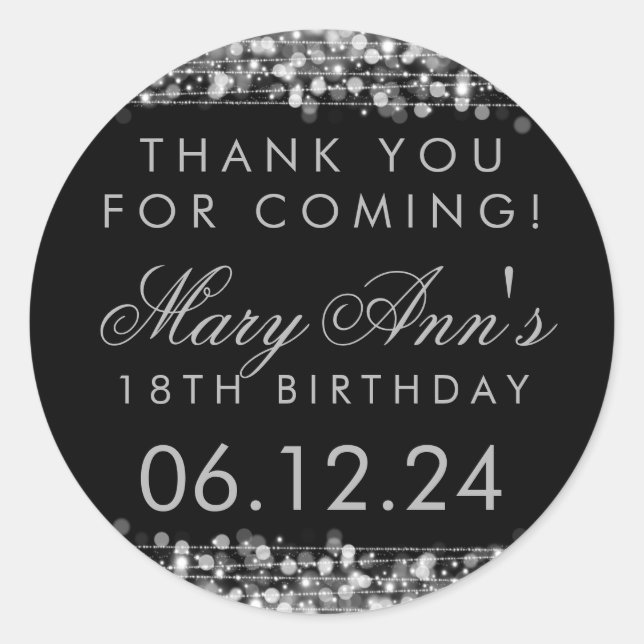 Thank You 18th Birthday Party Sparkles Silver Classic Round Sticker (Front)