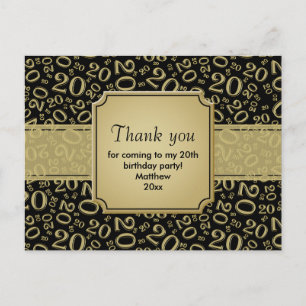 Thank You 20th Birthday Number Pattern Black/Gold Postcard