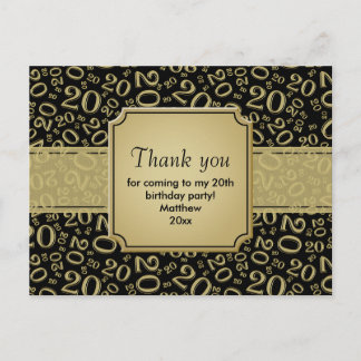 Thank You 20th Birthday Number Pattern Gold/Black Postcard