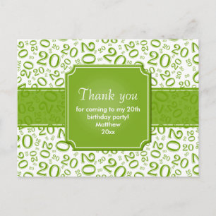 Thank You 20th Birthday Number Pattern Green/White Postcard