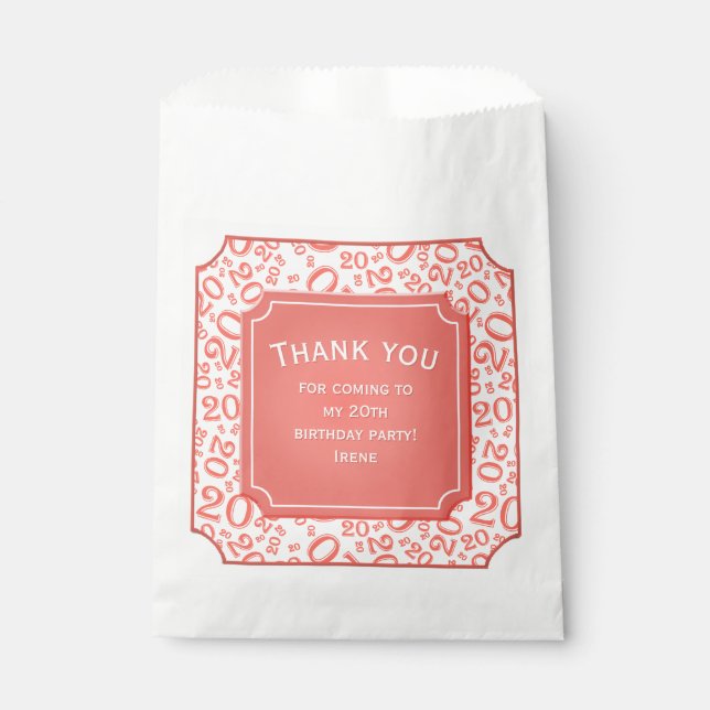Thank you: 20th Random Number Pattern Coral 20 Favour Bags (Front)