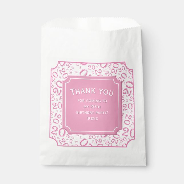 Thank you: 20th Random Number Pattern Pink 20 Favour Bags (Front)