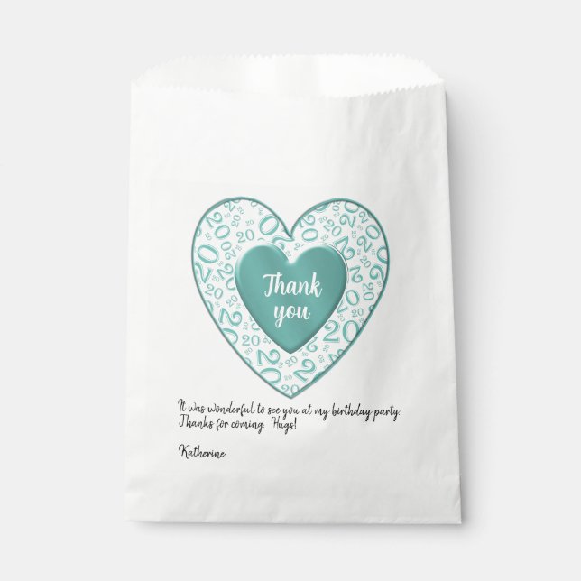 Thank you: 20th Teal Heart Random Number Pattern Favour Bags (Front)