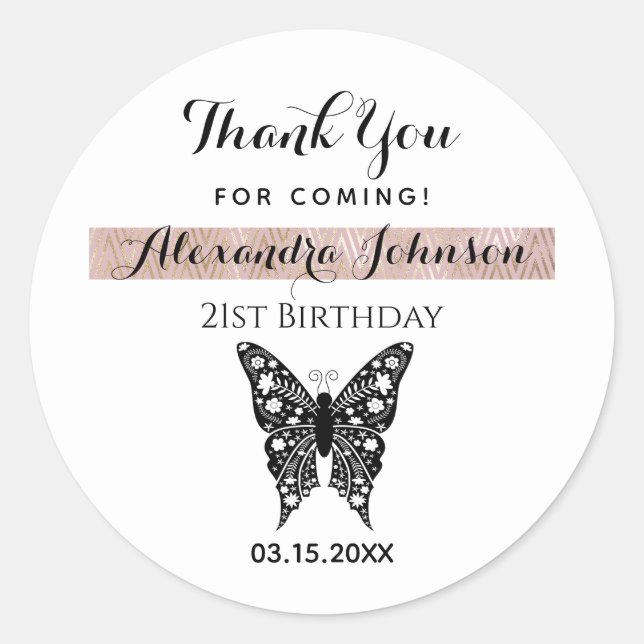 Thank You , 21st Birthday Butterfly Classic Round Sticker (Front)