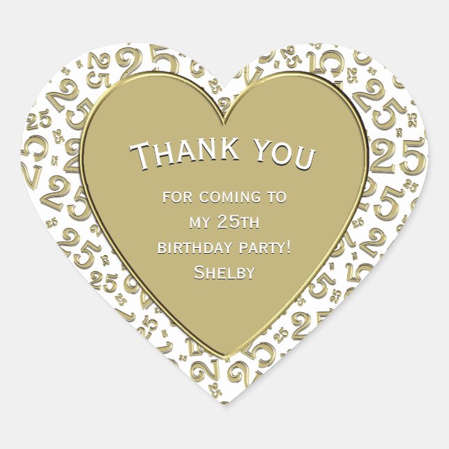 Thank you - 25th Birthday Gold and White Heart Heart Sticker (Front)