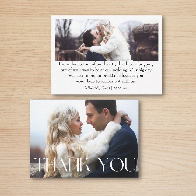 thank you 2 photos white chic typography wedding  card (Creator Uploaded)