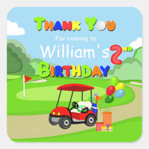 Thank You 2nd Birthday Red Golf Cart Boy's Square Sticker