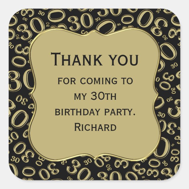 Thank you: 30th Birthday Black/Gold Number Pattern Square Sticker (Front)