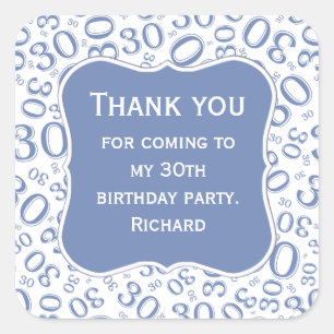 Thank you: 30th Birthday Blue/White Pattern Square Sticker