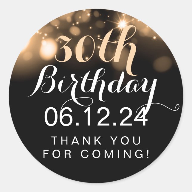 Thank You 30th Birthday Gold Sparkling Lights Classic Round Sticker (Front)