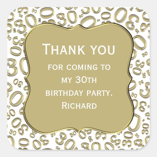 Thank you: 30th Birthday Gold/White Number Pattern Square Sticker (Front)