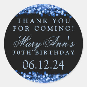 Thank You 30th Birthday Party Sparkles Blue Classic Round Sticker