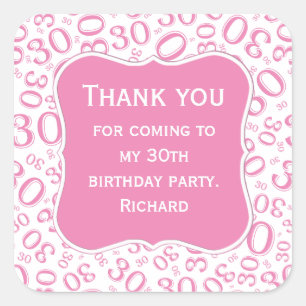 Thank you: 30th Birthday Pink/White Number Pattern Square Sticker