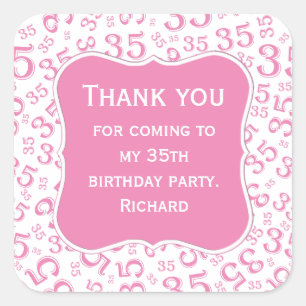 Thank you: 35th Birthday Pink/White Pattern Square Sticker