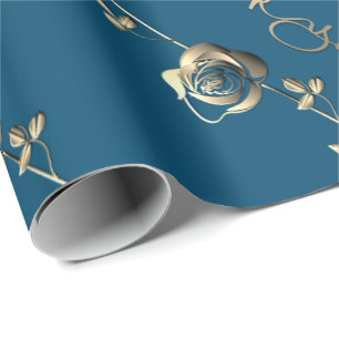 "Thank you"3D Silvery Rose on Ocean Blue Wrapping Paper