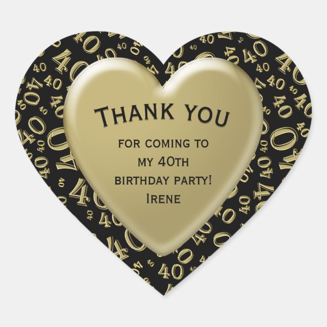 Thank you - 40 Number Pattern Black and Gold Heart Sticker (Front)