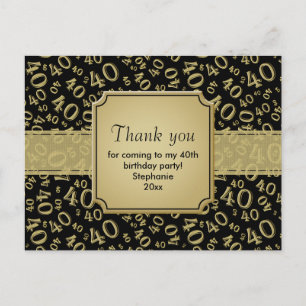 Thank You 40 Number Pattern Black/Gold Postcard