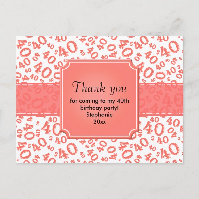 Thank You 40 Number Pattern Coral/White Postcard (Front)