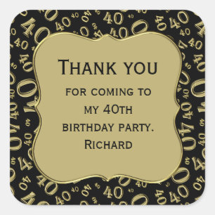 Thank you: 40th Birthday Black/Gold Number Pattern Square Sticker