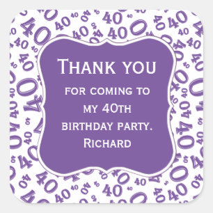 Thank you: 40th Birthday Purple/White Pattern Square Sticker