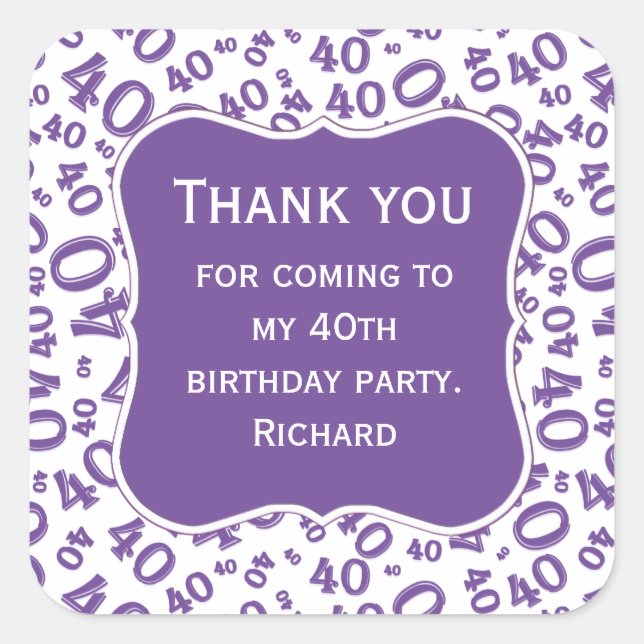 Thank you: 40th Birthday Purple/White Pattern Square Sticker (Front)