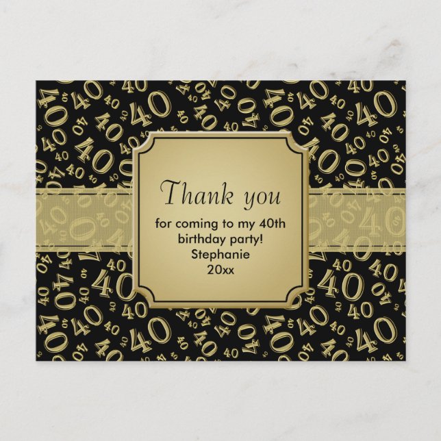 Thank You 40th Gold/Black Birthday Number Pattern Postcard (Front)