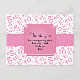 Thank You: 40th Pink/White Birthday Number Pattern Postcard