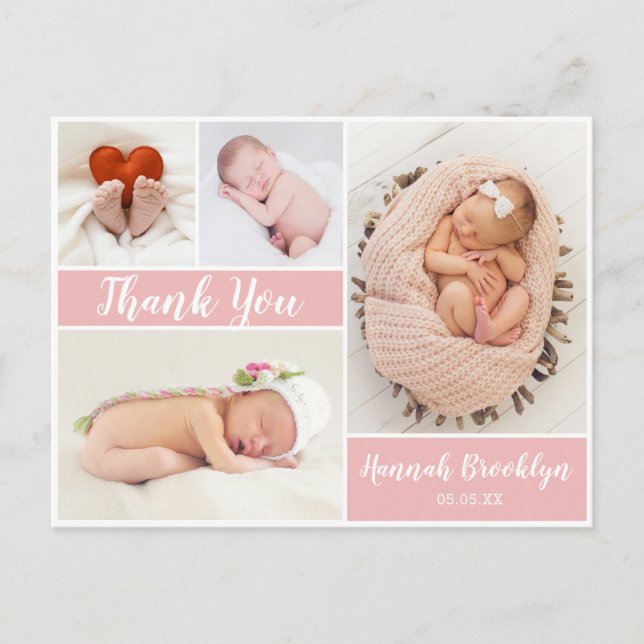 Thank You 4 Photo Collage Birth Announcement Postcard (Front)