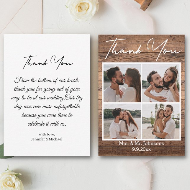 thank you 4 photos collage rustic wood wedding card (Creator Uploaded)