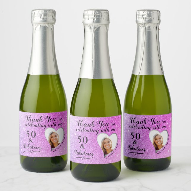 Thank You 50 and Fabulous Purple Birthday Mini Sparkling Wine Label (Bottles)