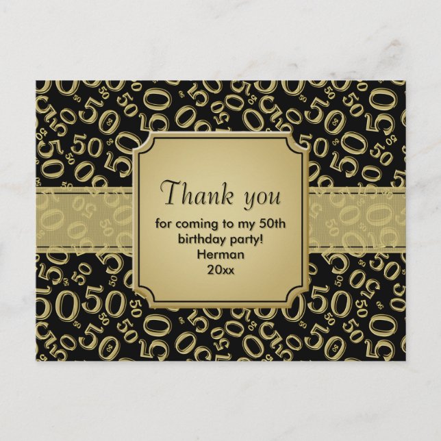 Thank You 50 Random Number Pattern Black/Gold Postcard (Front)