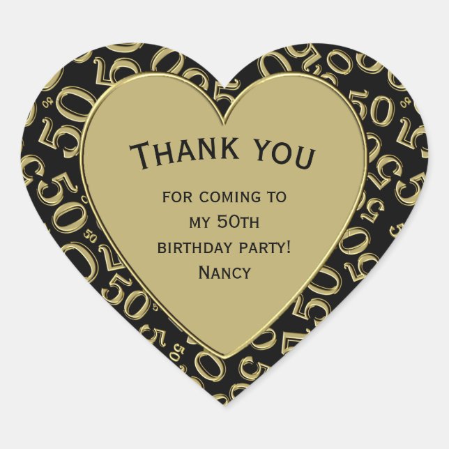 Thank you - 50th Birthday Black and Gold Heart Heart Sticker (Front)
